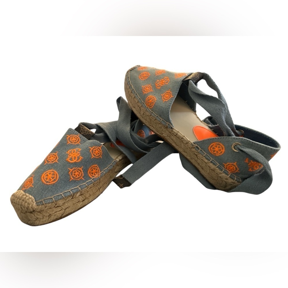 Guess Women's Jalene Tie Up Flat Espadrilles Denim Orange Nautical Print